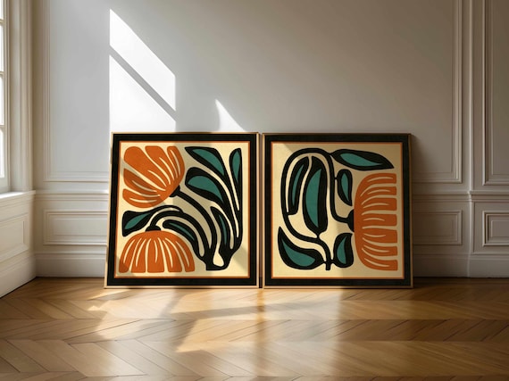 Retro Floral Print Set: Burnt Orange & Teal Botanical Art, Mid-Century Modern Boho Decor