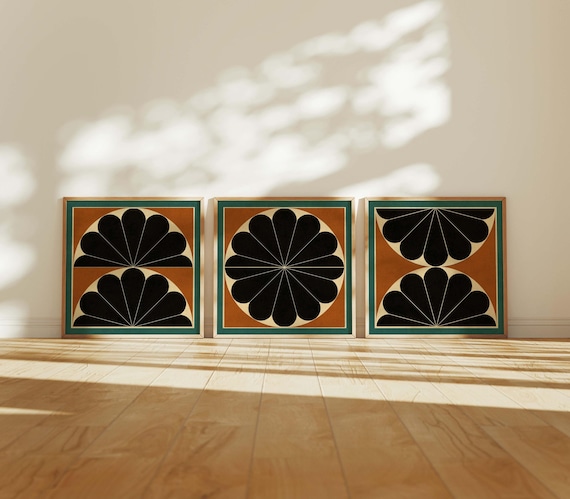 Mid Century Modern Floral Prints: Geometric Wall Art Set of 3, Retro Decor