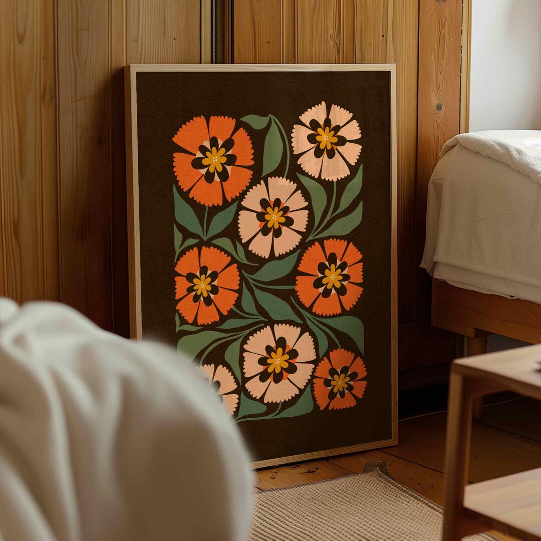Retro Flower Print — 70s Floral Wall Art, Moody Mid Century Decor - Etsy