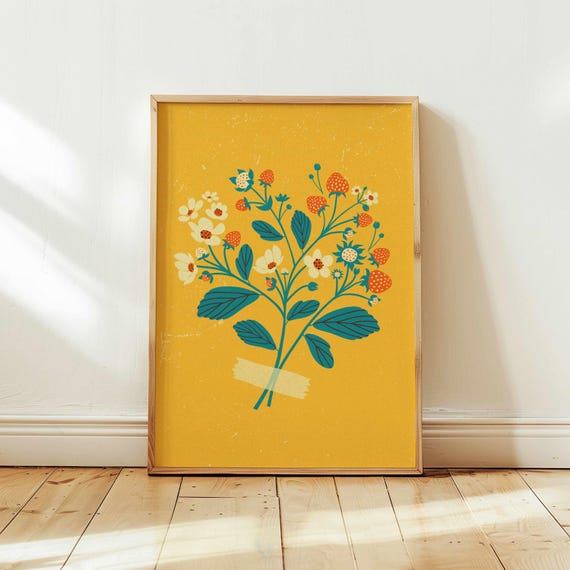 70s Retro Strawberry Botanical Print: Bold Maximalist Wall Art