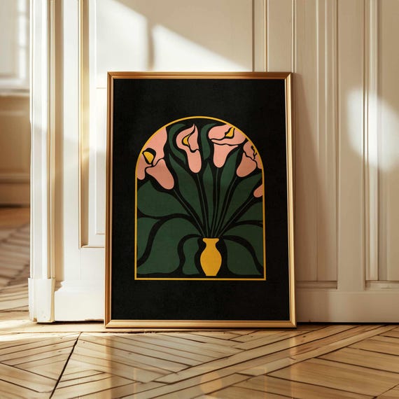 Floral Print of Abstract Calla Lilies in 70s Retro Mid-Century Modern Style—Groovy Vintage Botanical Wall Art with Bold Tones & Funky Charm.