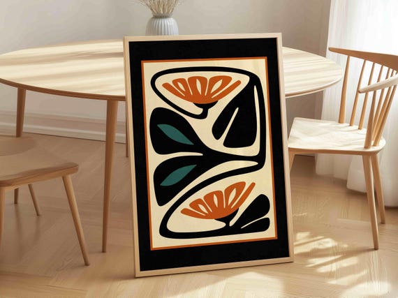 FRAMED Mid Century Modern Floral Print — Burnt Orange & Teal Botanical Art, Abstract Retro Flower Poster
