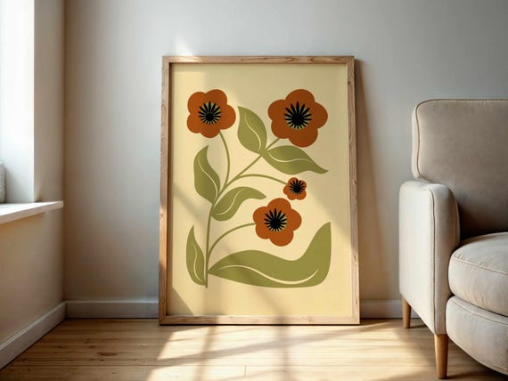 Abstract Retro Floral Print, 70s Aesthetic Botanical Wall Art in Olive and Rust, Earthy Vintage Flower Poster for Warm Neutral Boho Decor