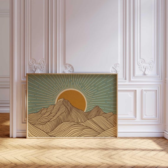 Retro Mountain Landscape Print — Teal & Mustard Nature Wall Art, Mid Century Decor