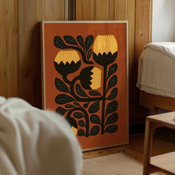 70s Retro Floral Print: Mid-Century Modern Botanical Wall Art, Groovy Boho Home Decor