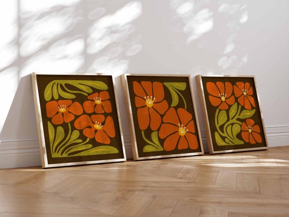 Matisse Floral Framed Print Set: Retro 70s Botanical Art, Mid Century Modern Boho Decor