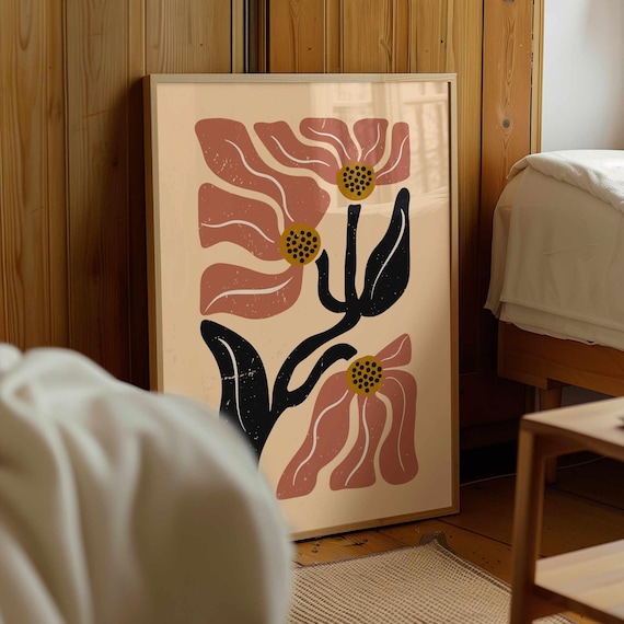 70s Groovy Floral Print: Abstract Matisse Style Botanical Art, Retro Boho Home Decor