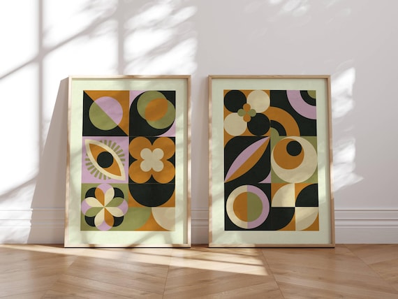 Colorful Mid Century Modern Wall Art, Geometric Abstract Prints, Modern Bauhaus Wall Art, Retro Boho Home Decor, Set Of 2 Prints, Mcm Art