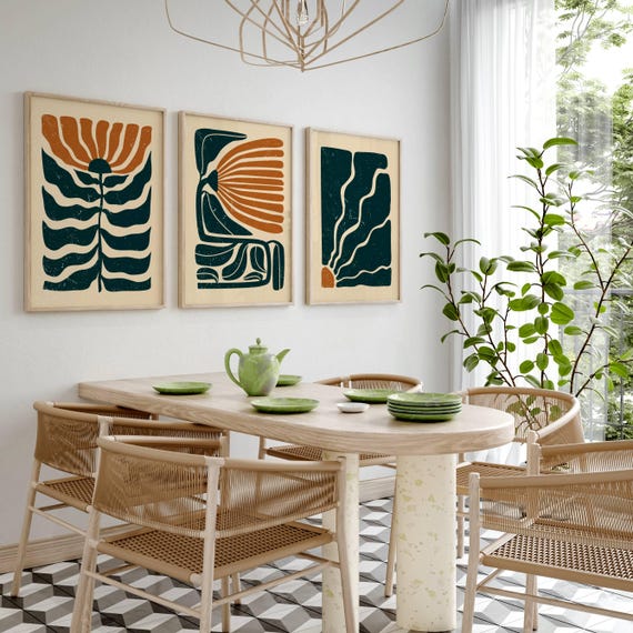Retro Floral Wall Art Set of 3 – Matisse-Inspired Abstract Prints, 70s Groovy Boho Decor, Mid Century Modern Botanical Posters