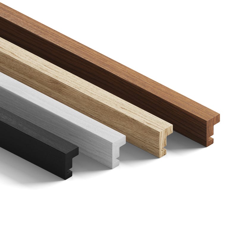 May include: Five wooden picture frame rails in a diagonal arrangement. The colours are black, white, light brown, medium brown, and dark brown. Each rail has a groove on one side. The rails are made of wood.