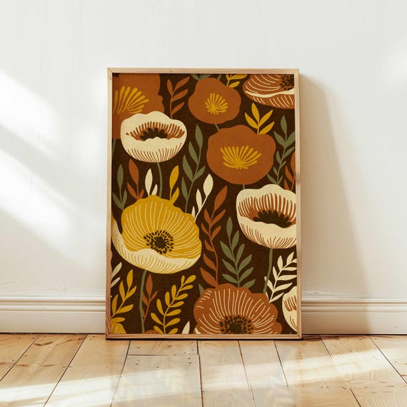 Retro Autumn Floral Print: 70s Style Botanical Wall Art, Cozy Fall Home Decor