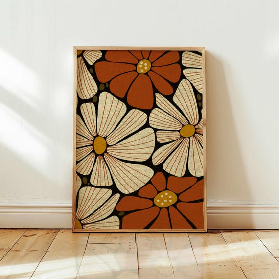 70s Retro Floral Print: Boho Botanical Wall Art, Mid Century Modern Decor