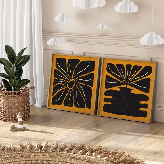 Abstract Retro Floral Wall Art, Matisse-Inspired Botanical Prints in Black and Orange – Bold 70s Style Wall Art for Mid Century & Boho Decor