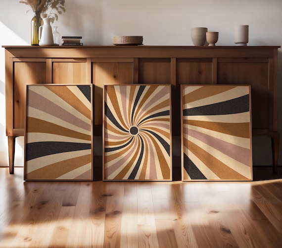 70s Sunburst Print Set: Mid Century Modern Triptych Wall Art, Retro Boho Home Decor