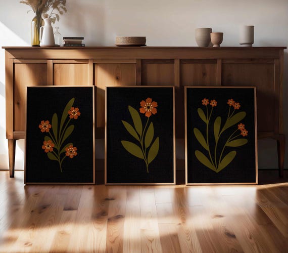 Dark Botanical Print Set: Vintage Floral Gallery Wall Art, Rustic Home Decor