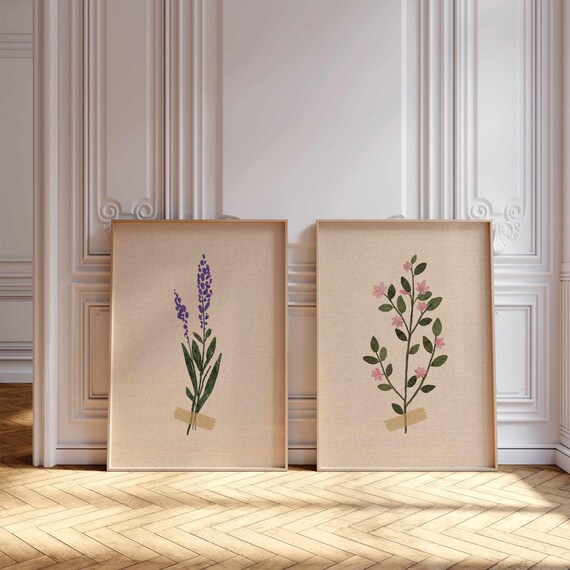 Vintage Style Botanical Prints — Soft Retro Wildflowers in Neutral Colors, Rustic Floral Wall Art for Cozy Boho or Cottagecore Home Decor
