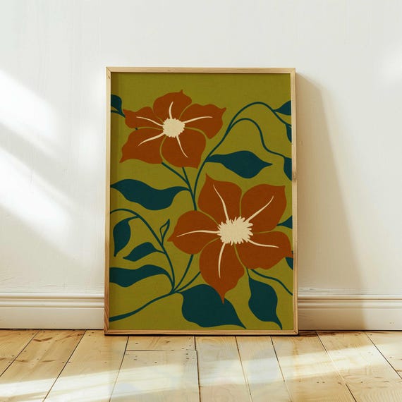 Retro Floral Wall Art – 70s Style Botanical Print in Teal, Olive and Rust, Mid Century Modern Boho Poster for Vintage Home Decor