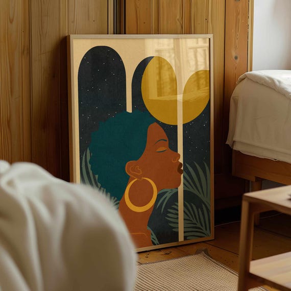 Black Woman Art Print: Boho Feminine Portrait, Afrocentric Decor