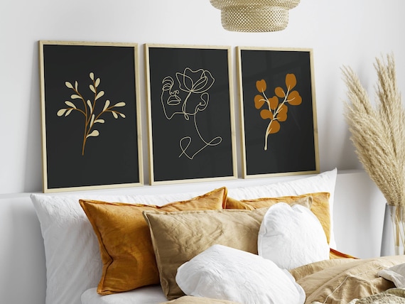 Minimalist Wall Art Set Of 3, Woman Line Art Print Set, Dark Floral Wall Art, Aesthetic Black Artwork, Moody Wall Art, Digital Download