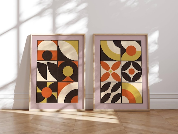 Colorful Geometric Wall Art Set Of 2, Mid Century Abstract Prints in Bold Colors, Modern Bauhaus Wall Art, Retro Boho Home Decor