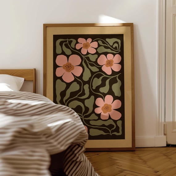 Retro Floral Print: 70s Boho Botanical Wall Art, Vintage Mid Century Modern Decor