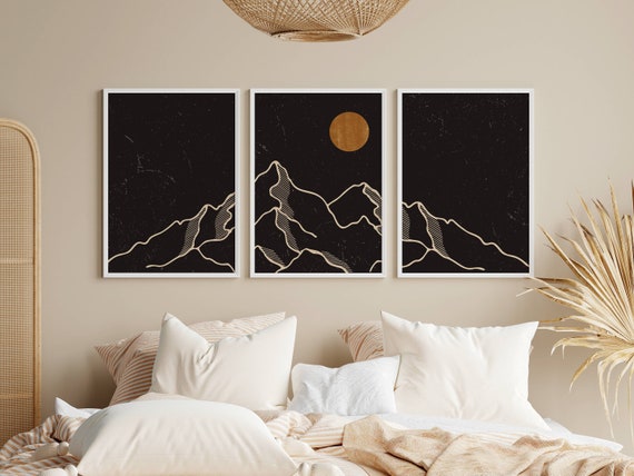 Panoramic Mountain Print Set, 3 Piece Wall Art, Dark Landscape Line Art Set, Aesthetic Mountain Artwork, Dark Panoramic Wall Art