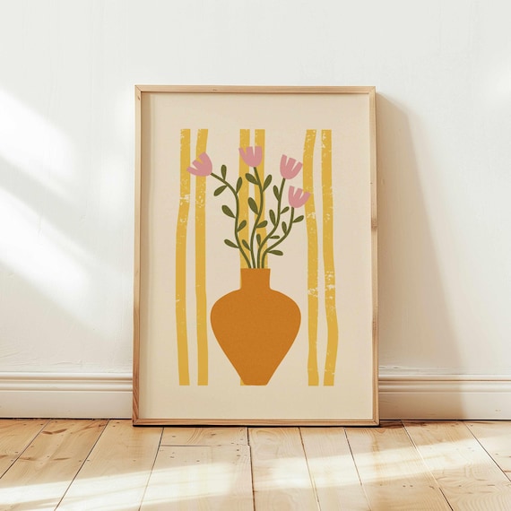 70s Floral Vase Print: Retro Botanical Wall Art, Mid Century Modern Boho Decor