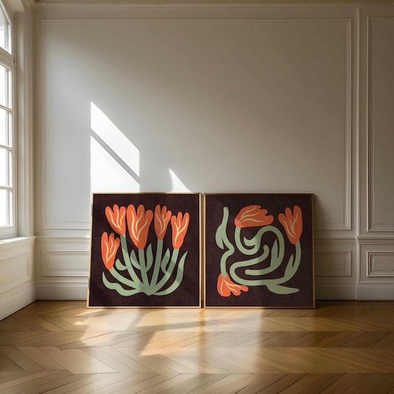 Retro Floral Print Set: Abstract Botanical Wall Art, Mid-Century Modern Boho Decor