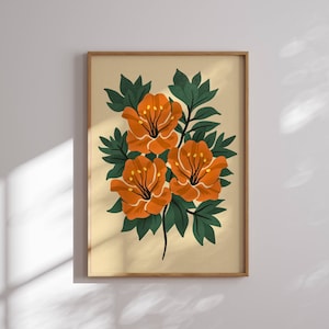Lámina floral vintage, arte mural retro, póster floral retro, decoración de los años 70, impresiones botánicas, arte mural vintage, arte mural de los años 70