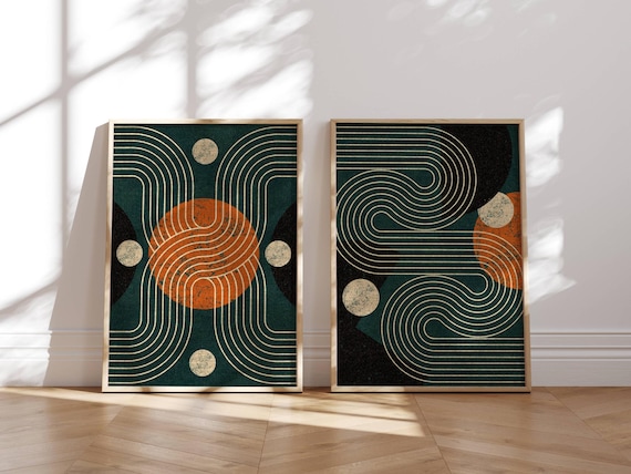 Abstract Mid Century Wall Art, Set Of 2 Geometric Posters, Minimalist Japandi Print Set, Bauhaus Wall Art for Modern Home Decor