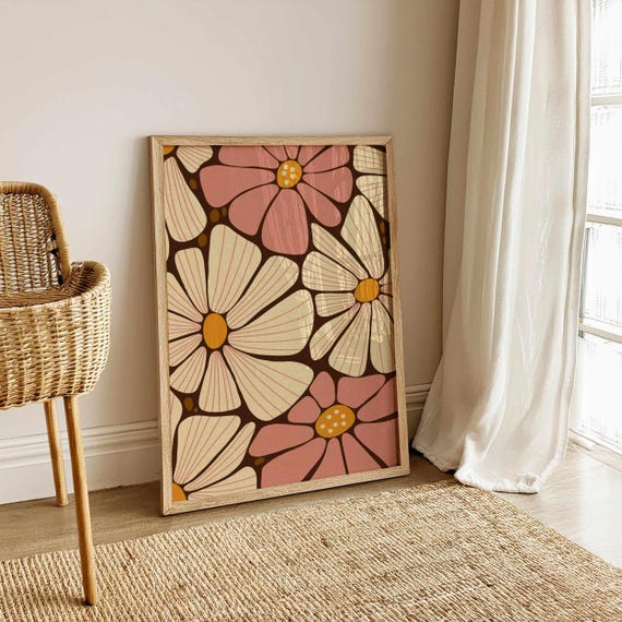 Retro Floral Wall Art – 70s Flower Print in Pink and Cream, Matisse Style Botanical Poster, Mid Century Vintage Decor for Boho Interiors