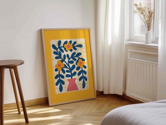 Retro Floral Wall Art: Mid-Century Modern Flower Print, Vintage 70s Decor