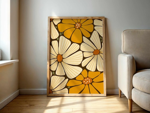 Retro Floral Wall Art – Groovy 70s Flower Print in Mustard and Cream, Matisse Style Botanical Poster, Mid Century Boho Vintage Decor