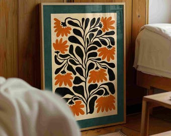 Matisse Style Floral Print — Burnt Orange & Teal Botanical Art, Mid Century Modern Boho Decor