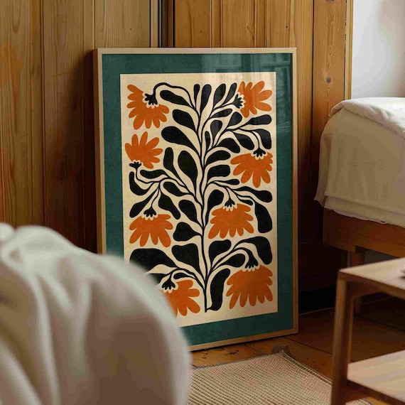 Matisse Style Floral Print — Burnt Orange & Teal Botanical Art, Mid Century Modern Boho Decor