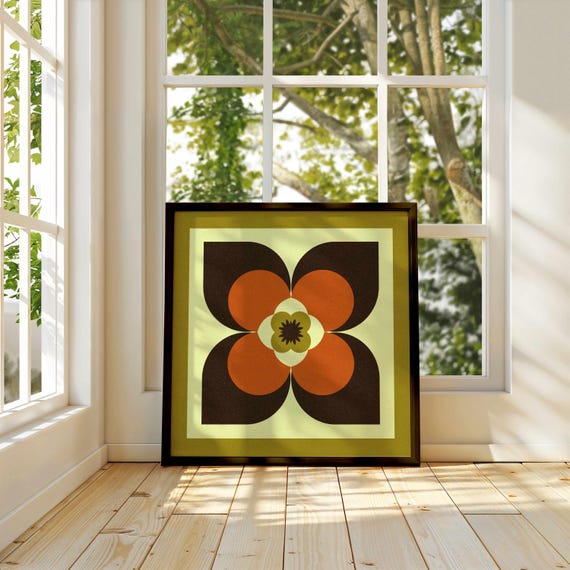 70s Retro Floral Print — Olive & Rust Botanical Wall Art, Mid Century Modern Boho Decor