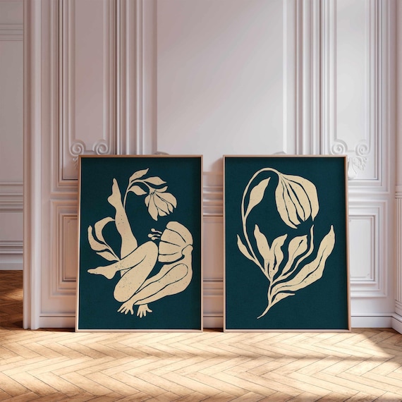 Matisse Style Woman and Flower Prints: Mid-Century Modern Botanical Art, Teal & Cream Wall Decor