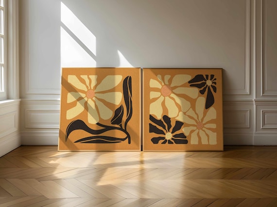 Retro Floral Wall Art — Vintage 70s Flower Print Set, Neutral Boho Home Decor