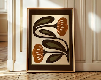 Retro Floral Print — Mid Century Modern Botanical Wall Art, Scandinavian Folk Art