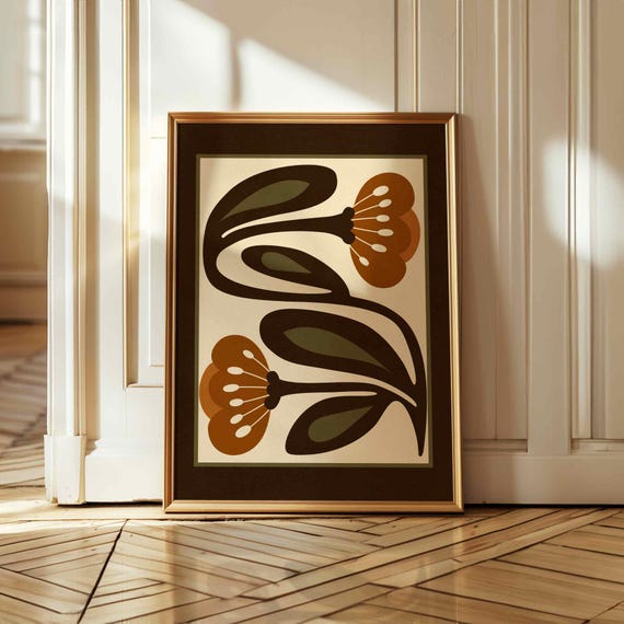 Retro Floral Print — Mid Century Modern Botanical Wall Art, Scandinavian Folk Art