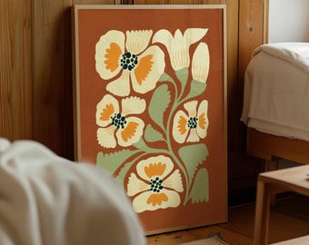 Retro Floral Print — Terracotta Botanical Wall Art, Mid Century Modern Decor