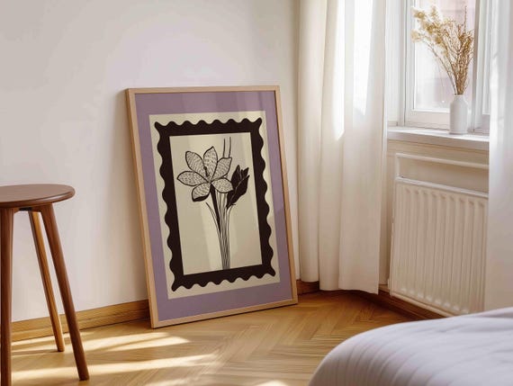 Vintage Floral Print — Lavender & Cream Botanical Art, Rustic Cottagecore Decor