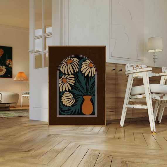 70s Retro Chamomile Print: Mid-Century Modern Floral Wall Art, Vintage Botanical Poster