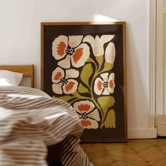 FRAMED 70s Retro Floral Print: Mid Century Modern Botanical Wall Art, Matisse Style Flower Poster