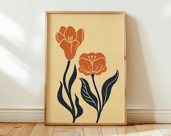Retro Tulip Floral Print – Burnt Orange & Cream Botanical Art, Mid Century Modern Boho Decor