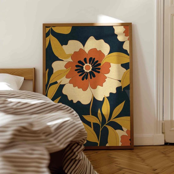 70s Floral Wall Art: Mustard & Navy Botanical Print, Retro Boho Home Decor