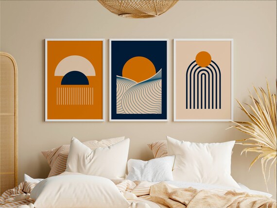 Navy And Orange Print Set, 3 Piece Wall Art, Minimalistic Print Set, Mid Century Modern Art Set, Navy Blue Wall Art, Digital Download