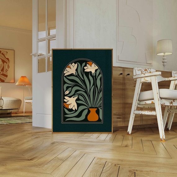 Abstract Daffodil Print: Mid Century Modern Floral Wall Art, 70s Retro Botanical Poster