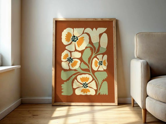 Retro Floral Wall Art – Vintage Botanical Print in Terracotta and Sage, Matisse Style Flower Poster, Mid Century Modern Boho Decor
