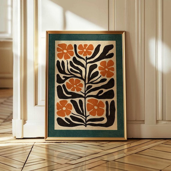Abstract Retro Floral Print – Matisse Style Botanical Poster in Burnt Orange and Teal, Mid Century Modern Art, Vintage Boho Home Decor